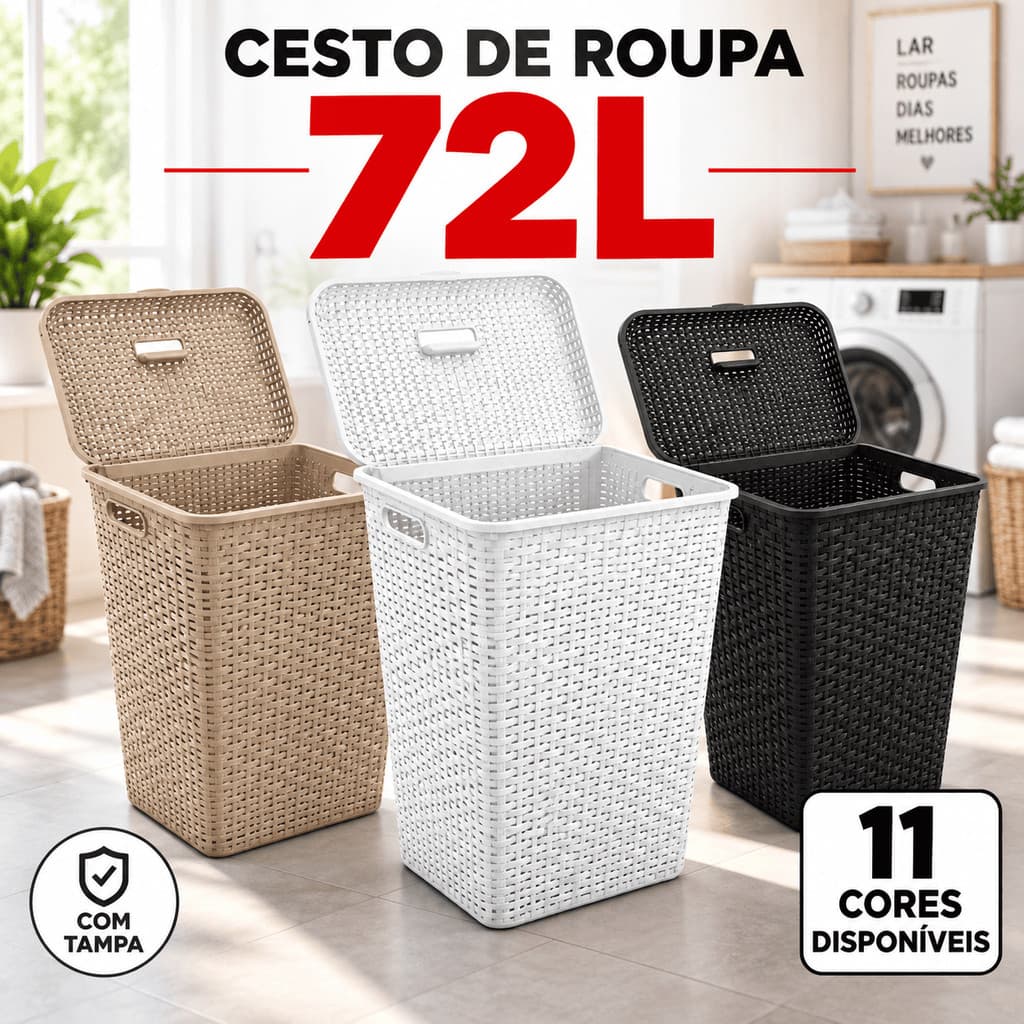 Cesto Roupa Suja 72L Rattan Grande com Tampa Organizador Lavanderia Banheiro Quarto Plástico Resistente