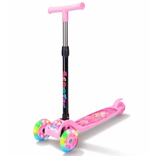 Patinete Infantil 3 Rodas Com Luzes LED Dobrável Altura Regulável (Rosa)