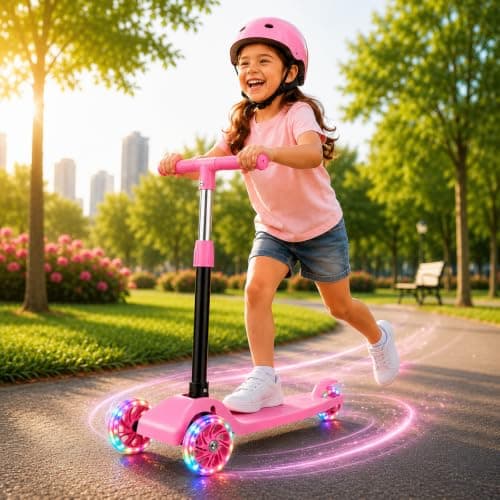 Patinete Infantil 3 Rodas Com LED Colorido, Dobrável Com Altura Ajustável Suporta até 40 kg Para Menino e Menina - CIRCUS (Rosa)
